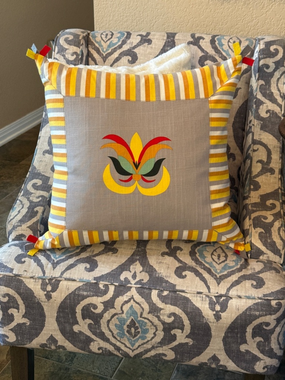 IKEA Yellow Gray Striped Accent Pillow with Duck Down Insert - 19x18